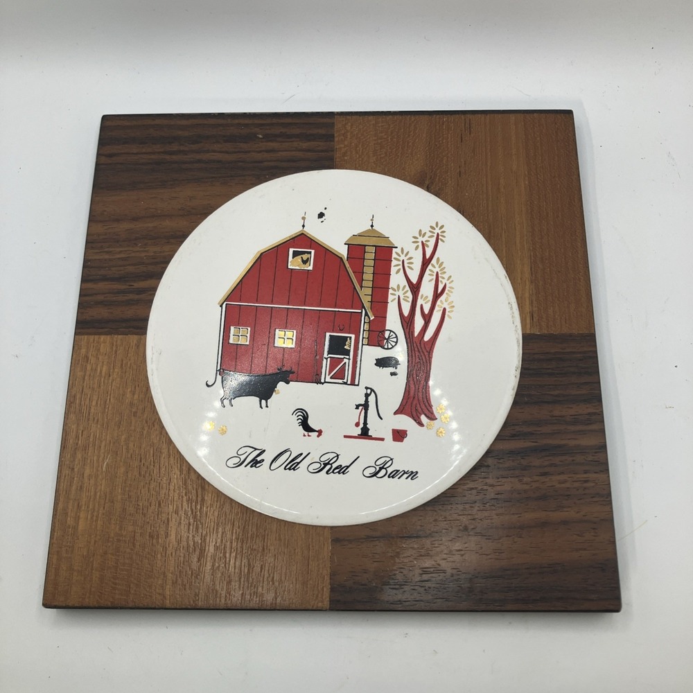 Vintage 'The Old Red‎ Barn' Ceramic Wood Trivet Hot Plate Wall Decor Farmhouse